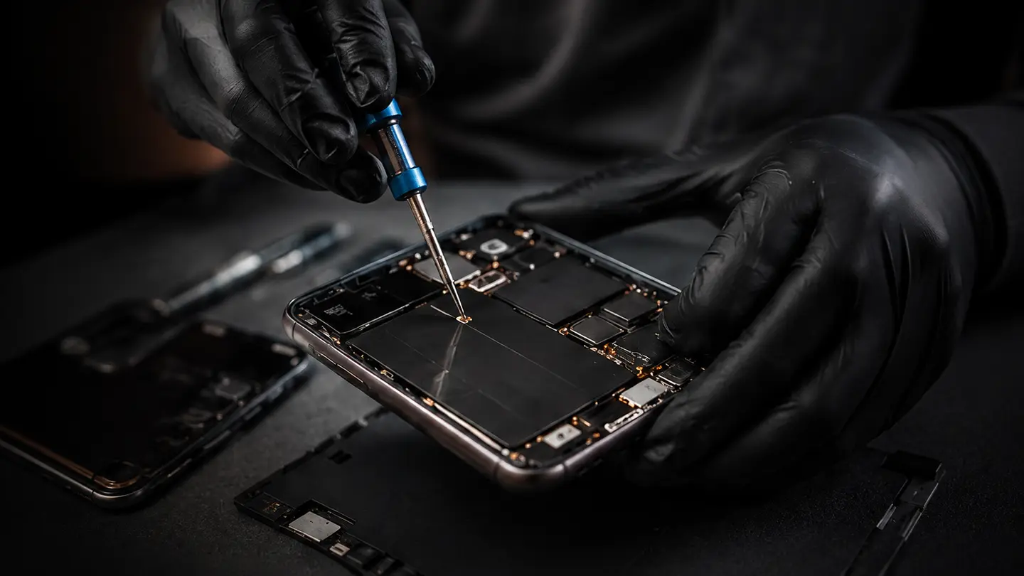 Técnico realizando reparo cuidadoso em um smartphone aberto